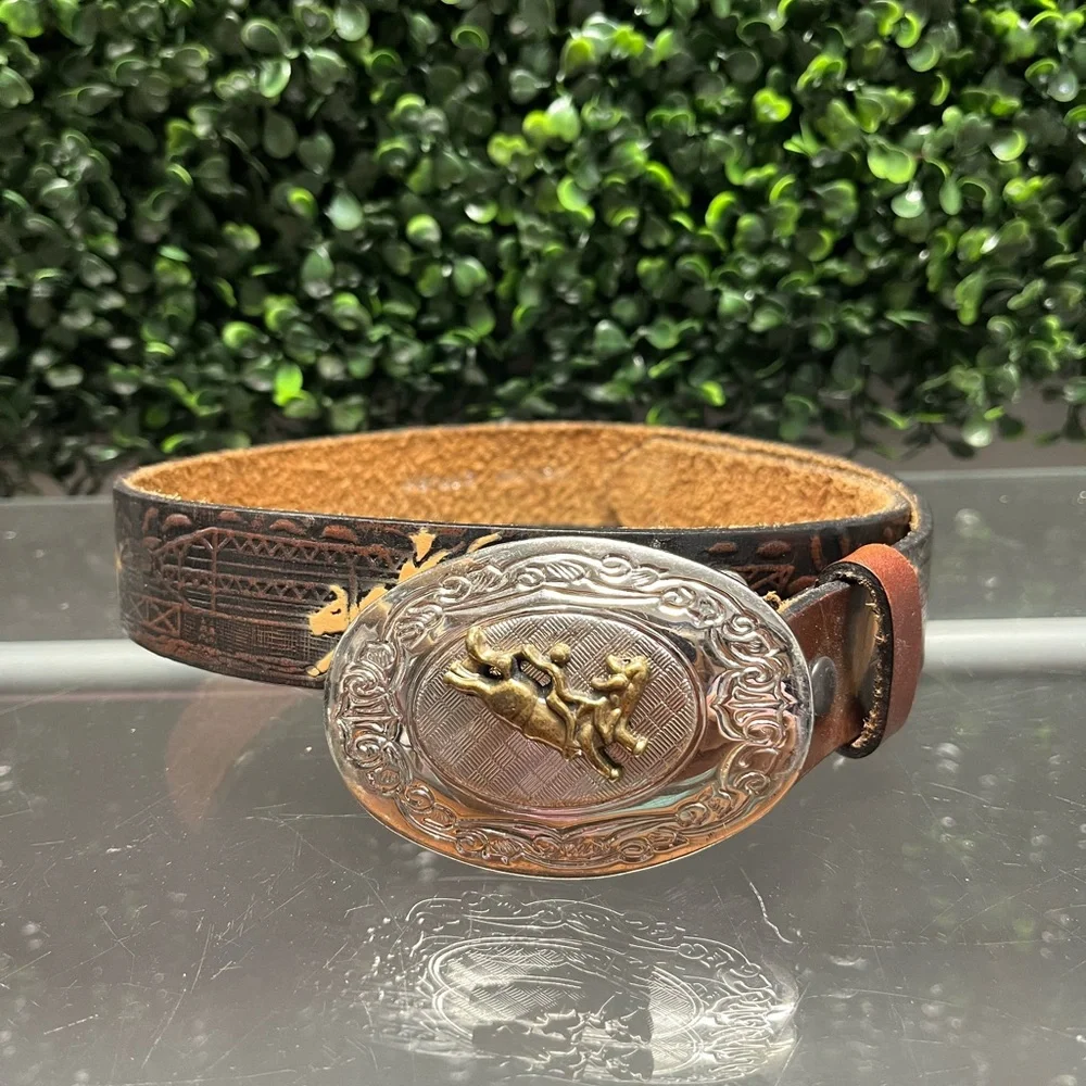 Nocona Genuine Leather Brown Tooled Bull Rider Western Belt w/ Metal Buckle Sz S